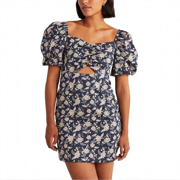 Boden Navy Floral Chintz Bloom Puff Sleeve Cut Out Mini Dress Cotton Size US 4 - Picture 1 of 11